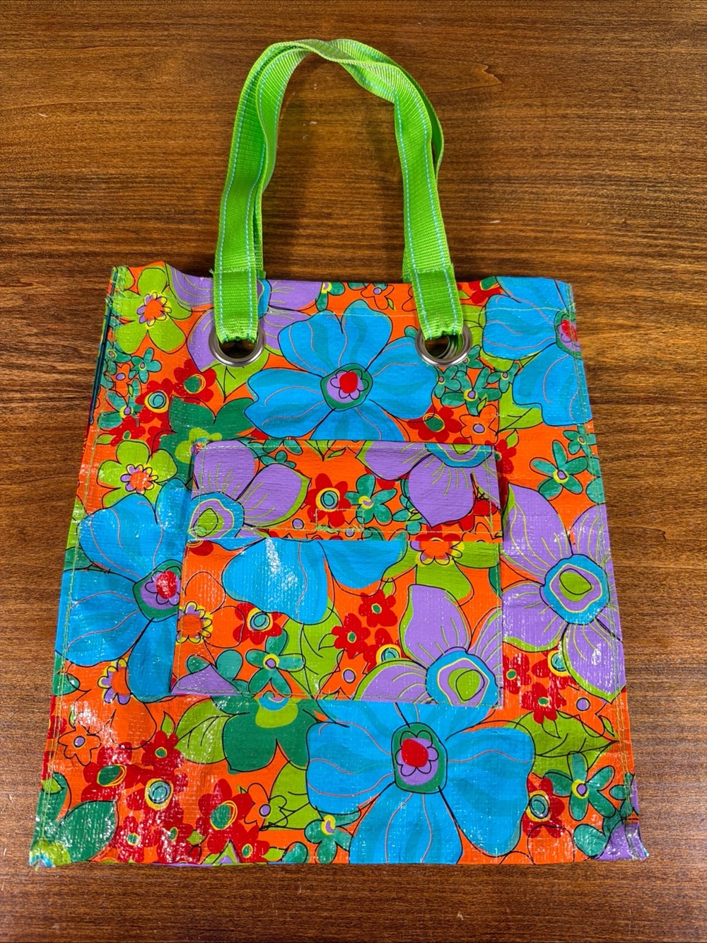 Mixed Bag Designs Reusable Colorful Pansy Tote Bag with Green Handles